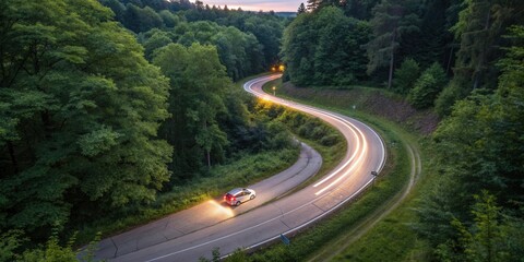 Fototapeta premium Serpentine Road Through Lush Forest at Dusk with a Single Vehicle
