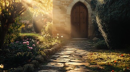 Obraz premium Sunlit stone path leading to a church doorway.