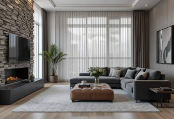 Contemporary living room with stylish furniture neutral tones and ample natural light.