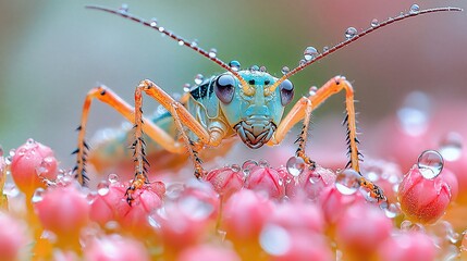 Fototapeta premium Vibrant Dew-Kissed Insect on Pink Blossoms
