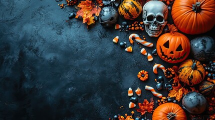 A festive Halloween background featuring pumpkins, candy corn, candy canes, a skeleton figurine, and spooky decorations scattered on a black surface
