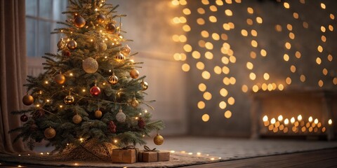 A beautifully decorated Christmas tree with gold and red ornaments, illuminated by warm fairy lights, sits near a cozy fireplace with flickering candles, creating a festive winter scene.