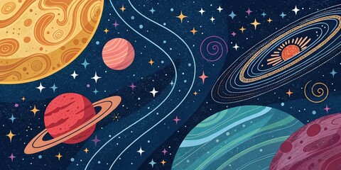 A cosmic scene with vibrant planets, swirling nebulae, and glittering stars in a dark, starry night sky