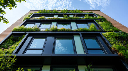 Obraz premium An energy-efficient building with large windows and green roof