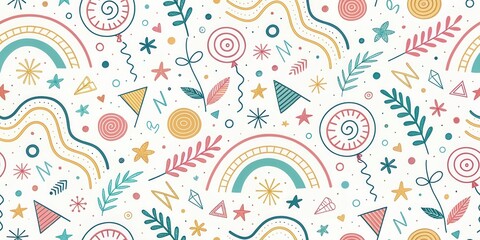 Whimsical Hand-Drawn Pattern Featuring Playful Shapes, Stars, and Floral Elements