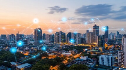 Fototapeta premium Smart Cityscape: A Connected Urban Network at Sunset