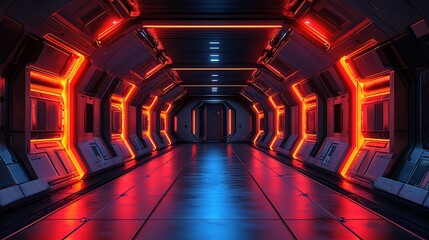 Neon Lights Corridor: Futuristic Spaceship Interior