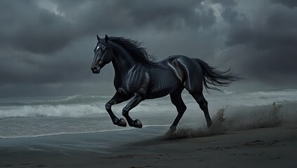 A dark horse gallops on the sand near the sea with a cloudy sky background in dark tones