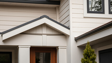 Modern House Exterior: Cream Walls, Dark Roof, and Wooden Door. A stunning example of contemporary residential architecture and design.
