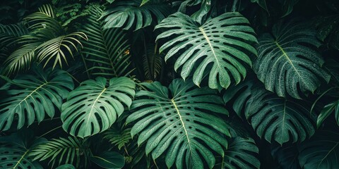 Lush Tropical Foliage Background Featuring Large, Deep Green Leaves with Natural Textures and Variations
