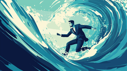 Fototapeta premium Surfer Riding a Wave at Sunset – Vibrant Ocean Adventure, Dynamic Action, and Inspirational Vector Illustration.