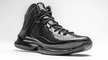 Hi tops, basketball shoe. Hyper realistic render on white background. black and white glossy translucent thick soles extra bounce spring plastic