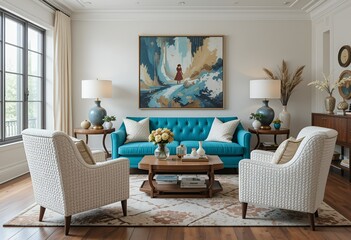 Luxurious living room with turquoise accents modern furniture and artistic decor elements.
