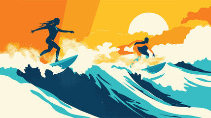 Surfer Riding a Wave at Sunset – Vibrant Ocean Adventure, Dynamic Action, and Inspirational Vector Illustration.