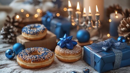A festive Hanukkah scene featuring blue gifts, dreidels, a menorah, and a doughnut on a light background, perfect for celebrating the Jewish holiday with warmth and joy