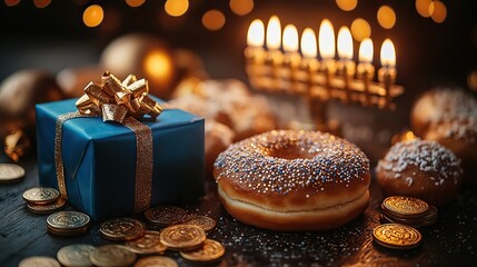 Obraz premium A festive Hanukkah scene with a menorah, dreidels, a blue gift, gold coins, and a sweet doughnut evokes the spirit of the celebration