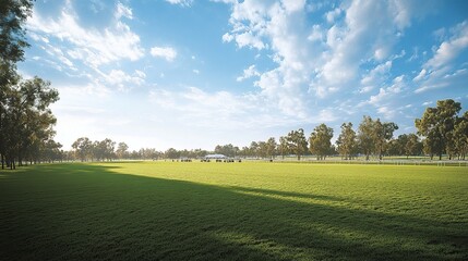 Sunny day at a vast green field with trees and a distant structure under a blue sky.