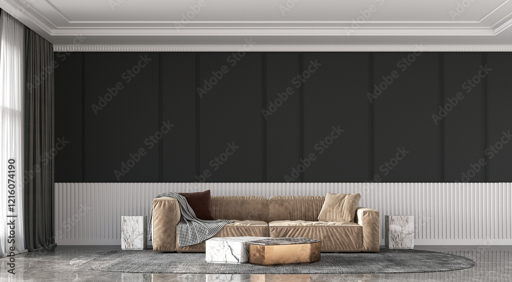 Canvas Prints Modern living room interior design and brown leather sofa mock up furniture and black and white classic pattern wall background. 3D rendering. 