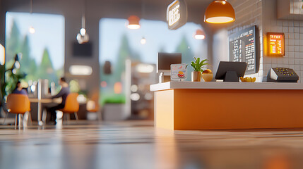 modern cafe interior featuring counter with menu, plants, and customers enjoying their time