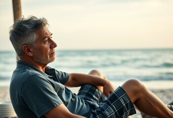 Fototapeta premium A person sitting on a beach with a sad expression