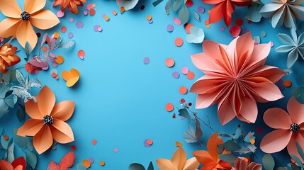 Fototapeta premium A festive image featuring colorful paper pinwheels and confetti on a blue background, perfect for celebration and party themes