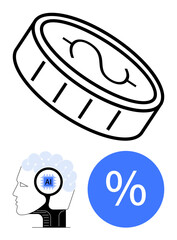 Large digital coin with dollar sign, stylized human head with AI chip in brain, and blue percent symbol. Ideal for AI technology, financial technology, investments, digital finance, innovation, data