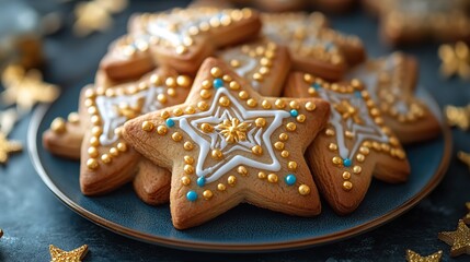 A festive Purim spread. This vertical top view features triangular cookies, Star of David motifs, and gold ribbon stars on a soft blue surface with space for wording