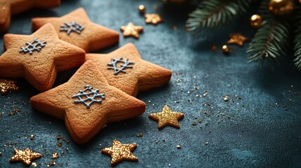 A festive Purim spread. This vertical top view features triangular cookies, Star of David motifs, and gold ribbon stars on a soft blue surface with space for wording