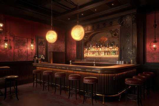 Elegant bar interior with warm lighting, dark wood accents, and a wide selection of bottles