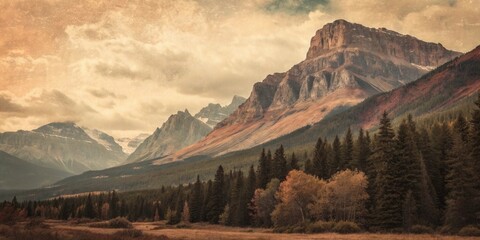 Fototapeta premium Autumnal mountain vista, showcasing a majestic peak and a tranquil forest under a dramatic sky