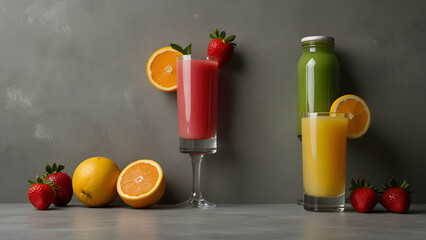 Fototapeta premium Colorful healthy smoothie glasses with fresh fruits and natural ingredients for energy and wellness.