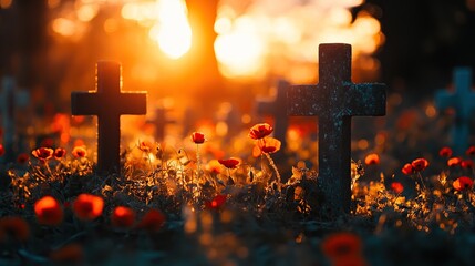 Sunset illuminates stone crosses in a field of red poppies.