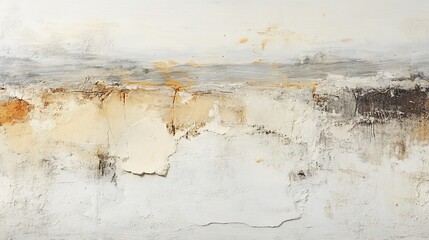 Abstract textured art with beige, grey, and brown tones; depicting a damaged, peeling wall.