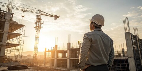 Construction Supervisor Overseeing a Large-Scale Building Project at Sunset