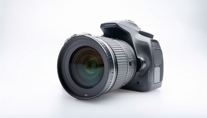 Sleek black DSLR camera with a large lens, ready for action.