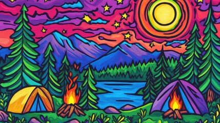 Fototapeta premium Vibrant Camping Scene Colorful Night Sky Mountains Lake Tents and Campfire