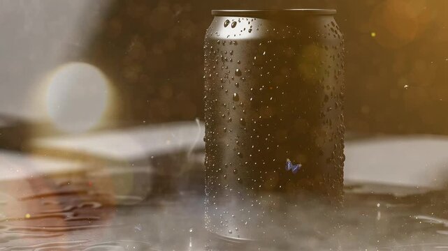 can with water drops mockup template 3d rendering seamless looping overlay 4k virtual video animation background