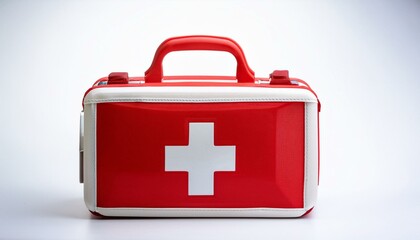Obraz premium Red first-aid kit with white cross on a white background.