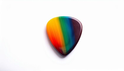 Vibrant rainbow guitar pick on white background.