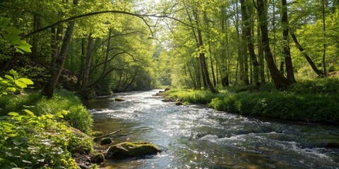 Obraz premium Sunlit River Flowing Through Lush Green Forest Canopy