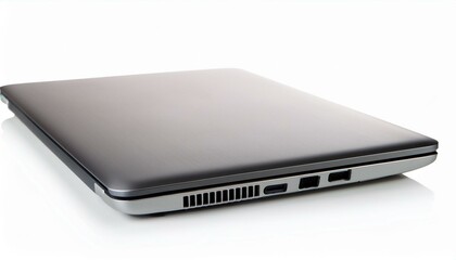 Sleek gray laptop, closed, isolated on white.