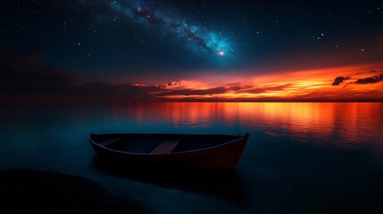 Serene Sunset: A Lone Boat Under a Starry Sky