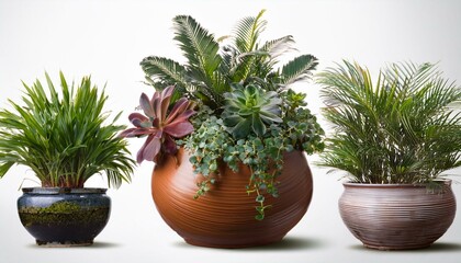 Fototapeta premium Collection of beautiful plants in ceramic pots isolated on white background green interior