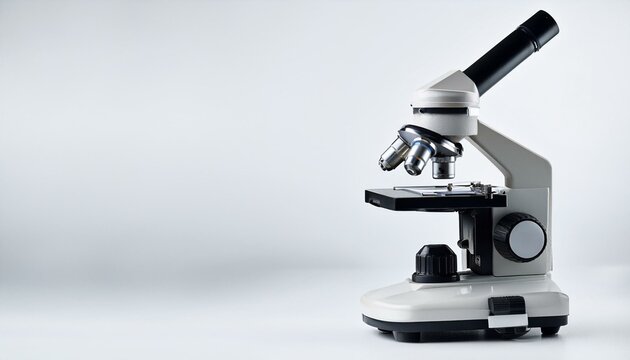 A close-up of a monochrome microscope against a stark white backdrop.