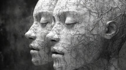Abstract Black and White Sculpture Two Faces Entwined with Vines Artistic Close Up