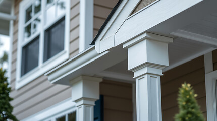 Elegant Home Exterior: Modern Architectural Design and Classic Porch Columns. High-quality Real Estate Photography