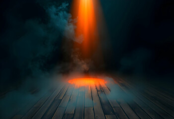 Fototapeta premium Intense orange beam of light, dark misty background, glowing ethereal atmosphere, dramatic lighting, sci-fi portal, mysterious energy, smoky haze, cinematic composition, futuristic, otherworldly, high