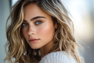 Naklejka premium Woman with Blonde Hair and Freckles Posing