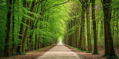 Fototapeta premium Serene Woodland Path A Canopy of Lush Green Trees Creates a Tranquil, Sun-Dappled Roadway