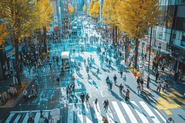 Advanced pedestrian navigation system in a high-tech urban environment, enhancing walkability.